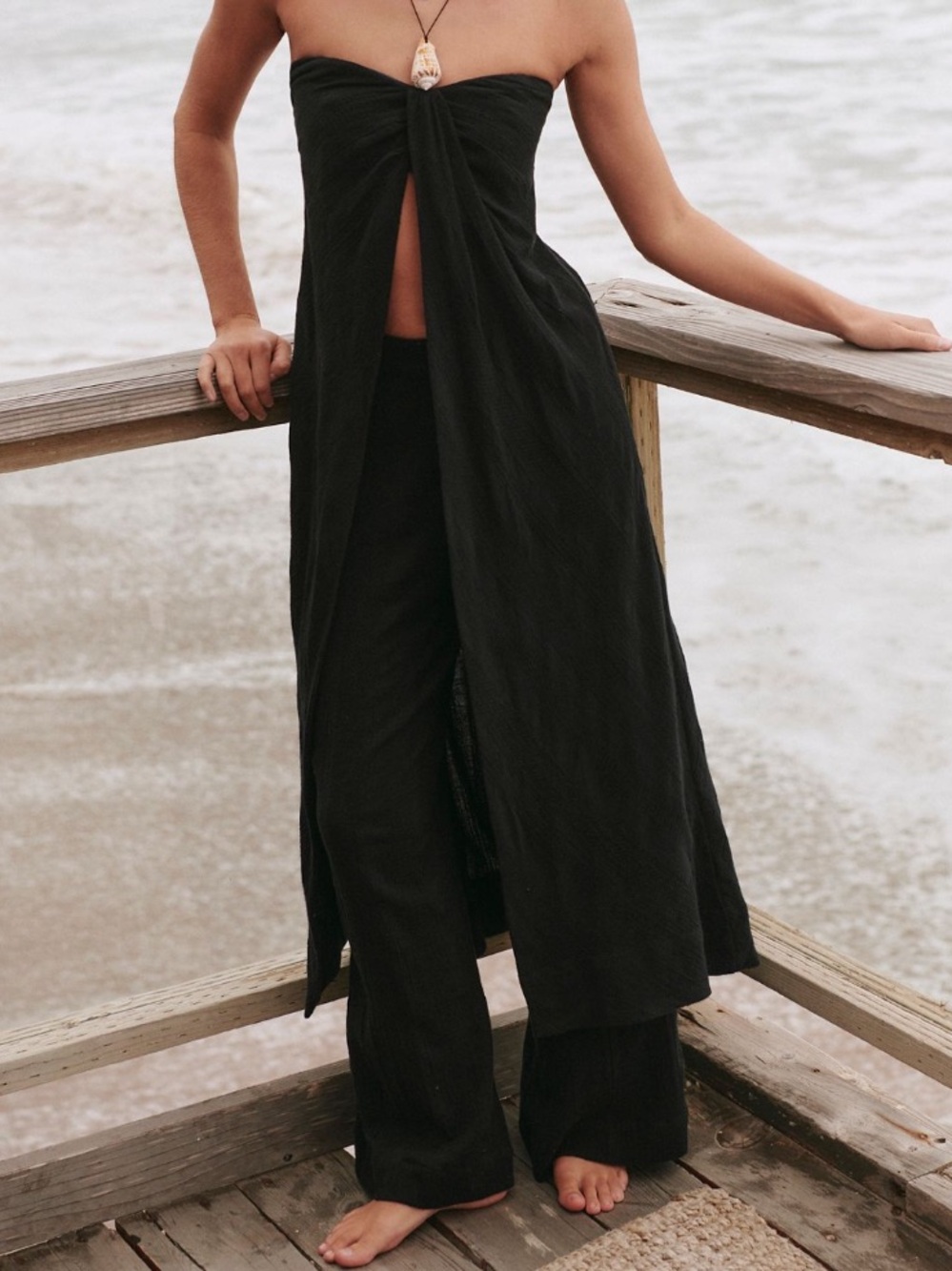 Free People Black Strapless Split-Front Wide-Leg Jumpsuit